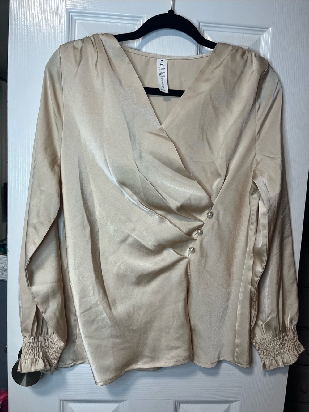 Cream Satin Draped Wrap Blouse with Pearl Buttons